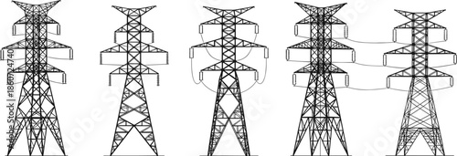 Black and white of various power transmission towers electricity towers lattice towers