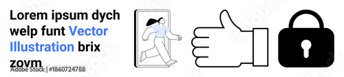 Online security, user authentication, digital identity, access control, internet privacy, cybersecurity. Woman walking through a digital frame, thumbs up and padlock icon. Online security and user