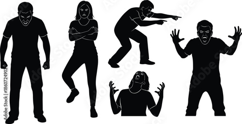 Five black silhouette figures expressing anger and frustration on white background
