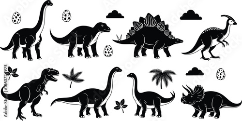 cute, cartoon, dinosaur, silhouettes, prehistoric, animals, eggs, plants, clouds, stegosaurus, triceratops, tyrannosaurus, sauropod, black, white, vector, illustration, kids, education, set