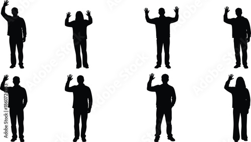 Eight black silhouettes of people waving or with hands raised on white background