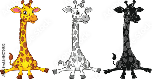 cute, cartoon, giraffe, character, set, colorful, grayscale, black, silhouette, illustration, smiling, animal, mascot, kids, design, vector, art, isolated, white, background