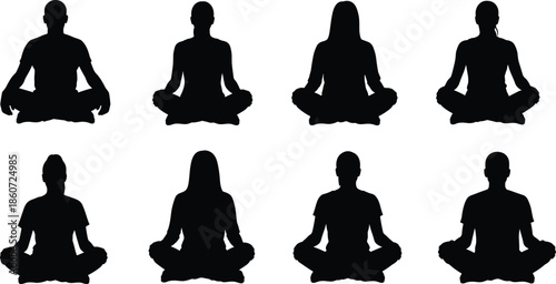 Eight black silhouettes of people meditating in lotus pose on white background meditation