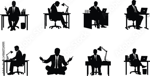 Eight black silhouette figures of people in suits at desks with office business woman