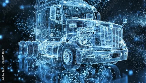 Futuristic Holographic Semi-Truck Displaying Advanced Technology and Data Visualization.