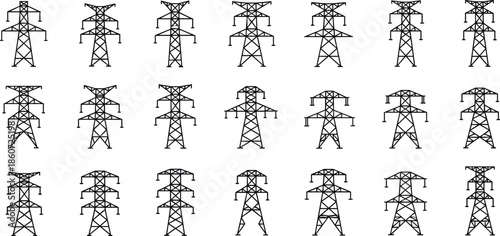 Collection of black and white line electricity pylons with varied power line tower