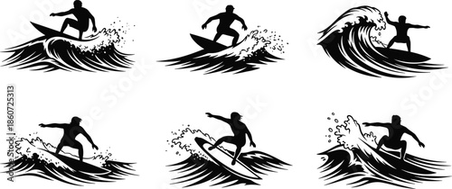 Black silhouettes of surfers riding waves surfing ocean water sports