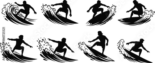 Black silhouettes of surfers riding waves surfing