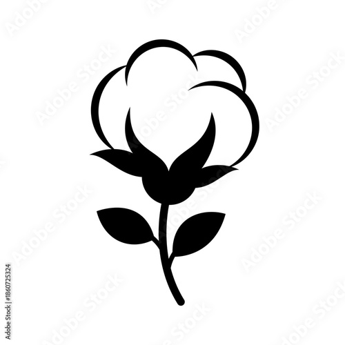 Black cotton flower with stem and leaves. Flat vector icon for minimal agricultural designs or textile product branding