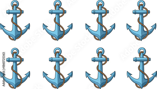 Blue anchors with brown rope on white background nautical