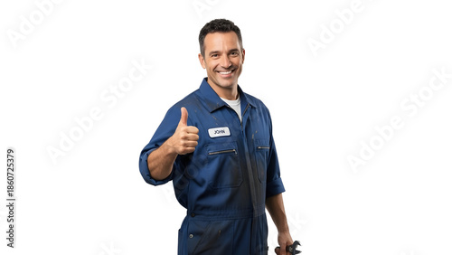 A friendly auto mechanic giving a thumbs-up while holding a wrench, showing confidence and expertise
