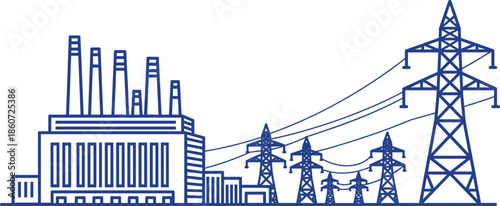 Blue silhouette of industrial landscape with power plant and transmission towers