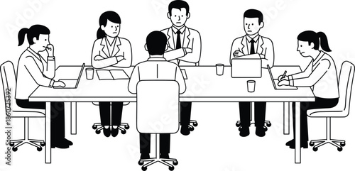 Business meeting with diverse people sitting around a long table with laptops and papers