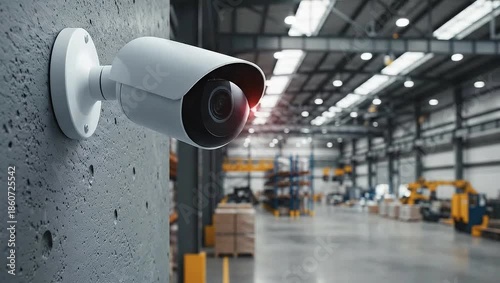 Security camera monitoring a large industrial warehouse for surveillance and safety.