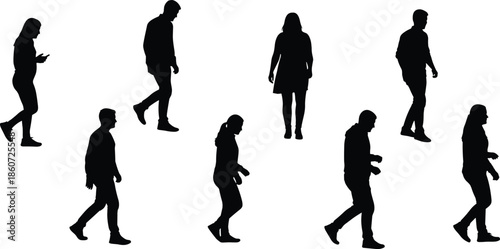 Black silhouettes of people walking on white background