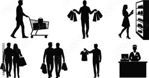 Black silhouettes of people shopping and working with bags and cart