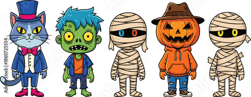 Cartoon halloween characters cat zombie mummy pumpkin