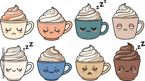 Cartoon coffee cups with whipped cream and sleeping faces
