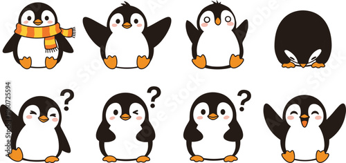 Cartoon penguins with various expressions and poses cute animals birds