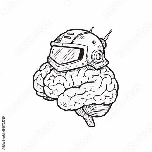 Brain wearing futuristic astronaut helmet with antennae and visor