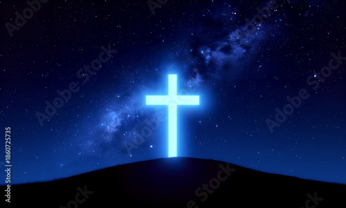 Spiritual Glowing Cross Shines Brightly on a Hill Under a Vast Starry Night Sky