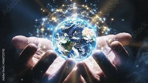 Hands holding glowing Earth with network connections, representing global communication and technology.