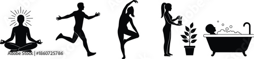 Black silhouettes of people meditating running dancing watering plant and bathing