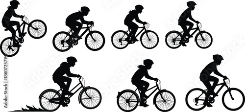 Black silhouettes of people riding bicycles in different positions bike cycling