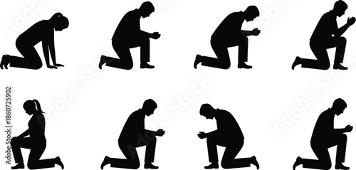 Black silhouettes of people kneeling in various positions praying