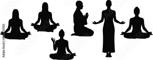 Black silhouettes of people meditating in various yoga poses meditation white background