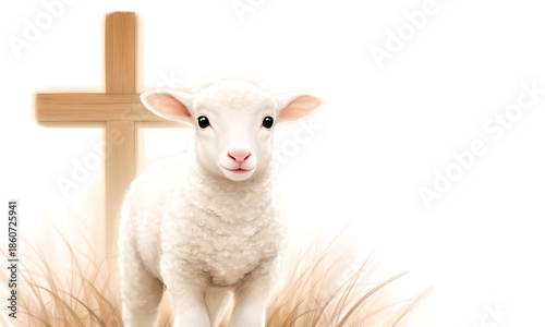 Cute white lamb standing peacefully in soft light with a wooden cross, symbolizing faith and hope.
