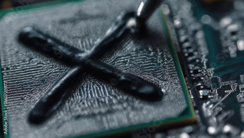 Close up of thermal paste applied to a computer processor for cooling.