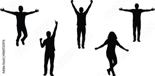 Black silhouettes of people jumping and celebrating on white background