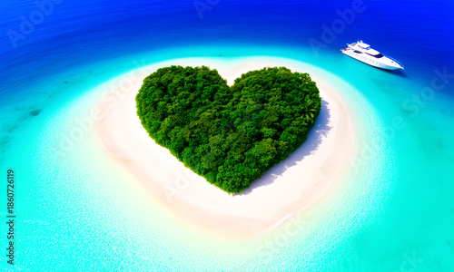 Aerial View of Heart-Shaped Tropical Island with Luxury Yacht in Turquoise Ocean
