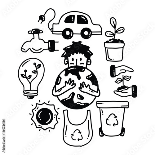 Black line illustration of a man holding a globe surrounded by eco-friendly icons.