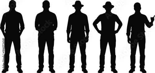 Five black silhouettes of men in different poses white background standing 1