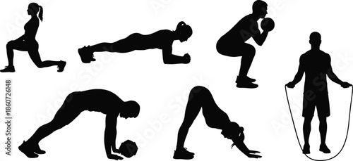 Black silhouettes of people exercising with jump rope and weights exercise fitness