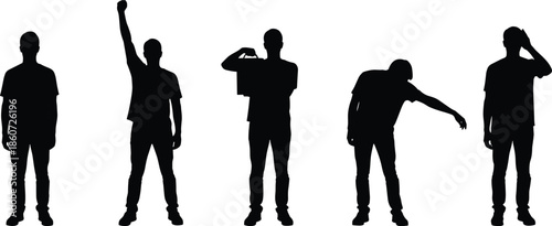 Five black silhouettes of men in different poses white background standing