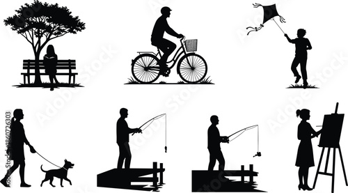 Black silhouettes of people engaging in leisure activities park outdoor