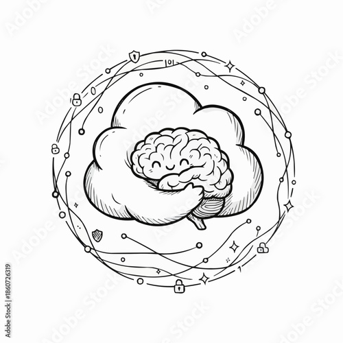 Brain wrapped in cloud with security locks and stars around