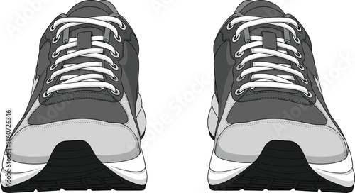 Gray and white sneakers with white laces on white background shoes