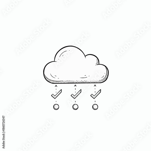 A hand-drawn cloud icon with three successful checkmarks falling onto small circles.