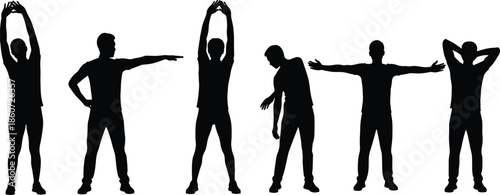 Black silhouettes of men performing various stretching exercises male