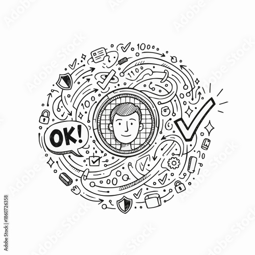 Smiling man surrounded by security and verification icons in a circle