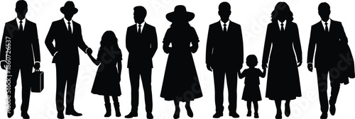 Black silhouettes of a family and business people standing together white background