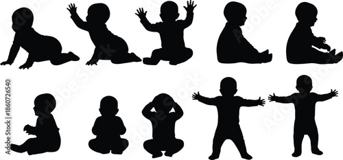 Black silhouettes of babies in various poses baby white background crawling