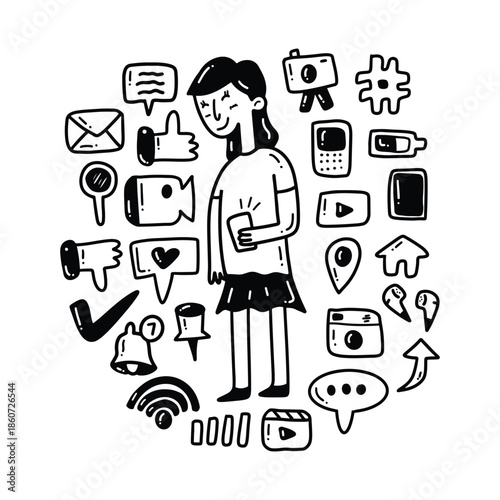 A woman surrounded by various social media and technology icons.