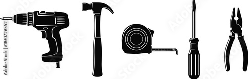 Black silhouette of a cordless drill hammer tape measure screwdriver and pliers claw hammer
