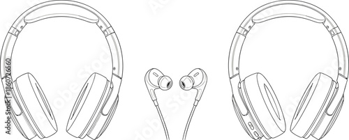 Line of two over-the-ear headphones and one pair of in-ear headphones earbuds line audio equipment