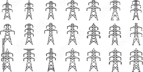 Black and white of various power line towers electricity pylons transmission towers